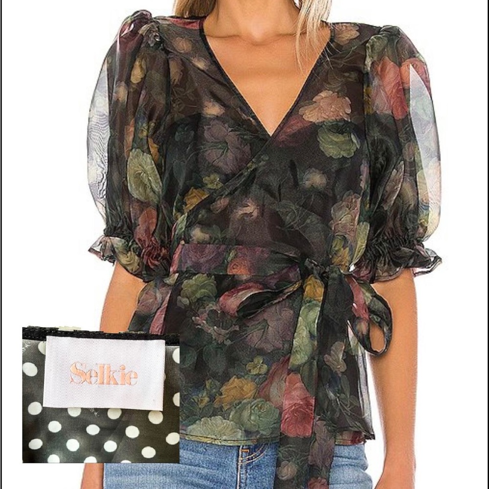 Selkie Polka Dot Cloud 9 sheer black and white puff sleeve wrap blouse